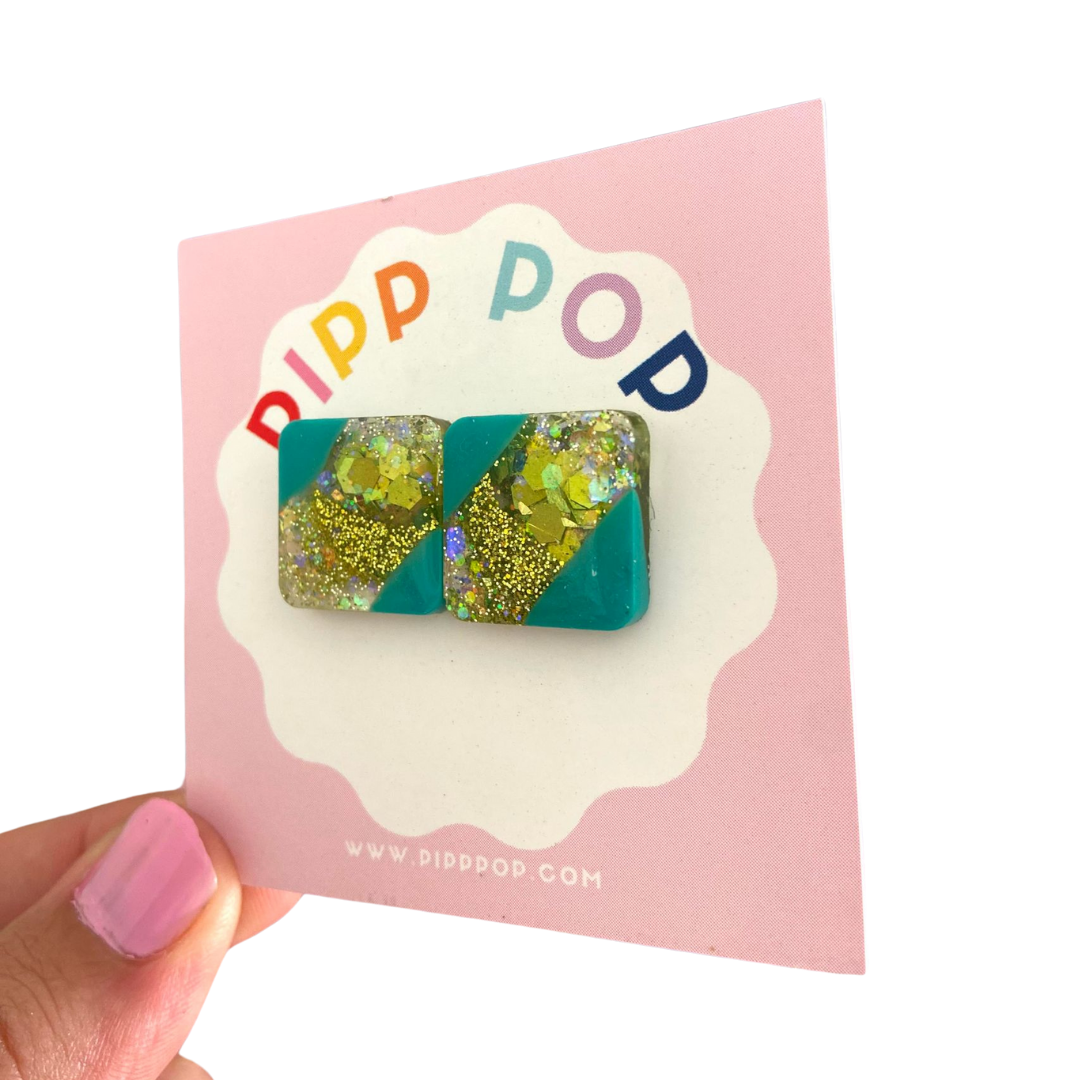 Glitter Square Studs - Greens-Pipp Pop