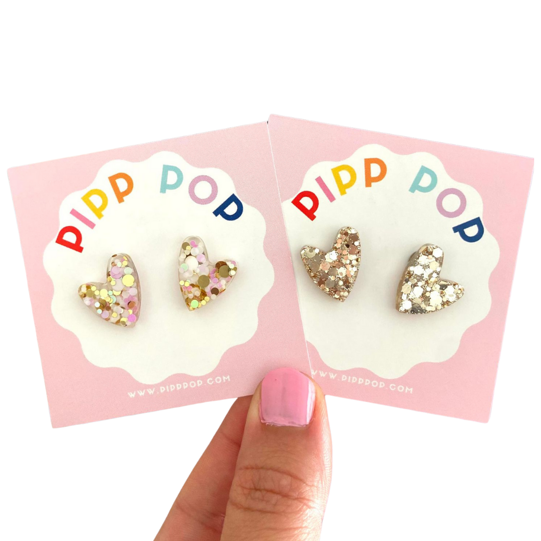 Glitter Heart Studs - 8 Colours Available-Pipp Pop