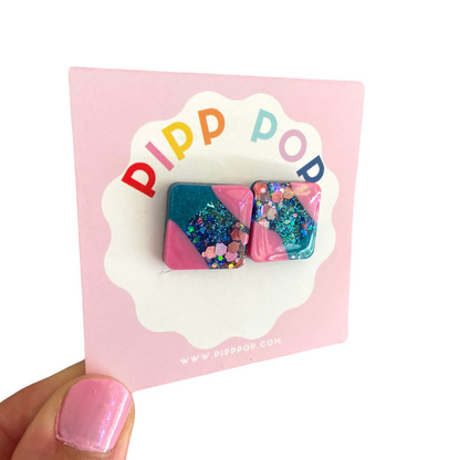 Glitter Square Studs - Pink and Blue-Pipp Pop