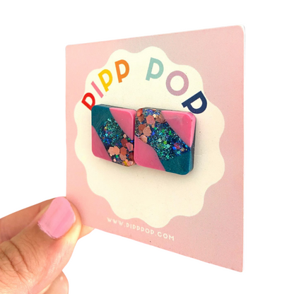 Glitter Square Studs - Pink and Blue-Pipp Pop