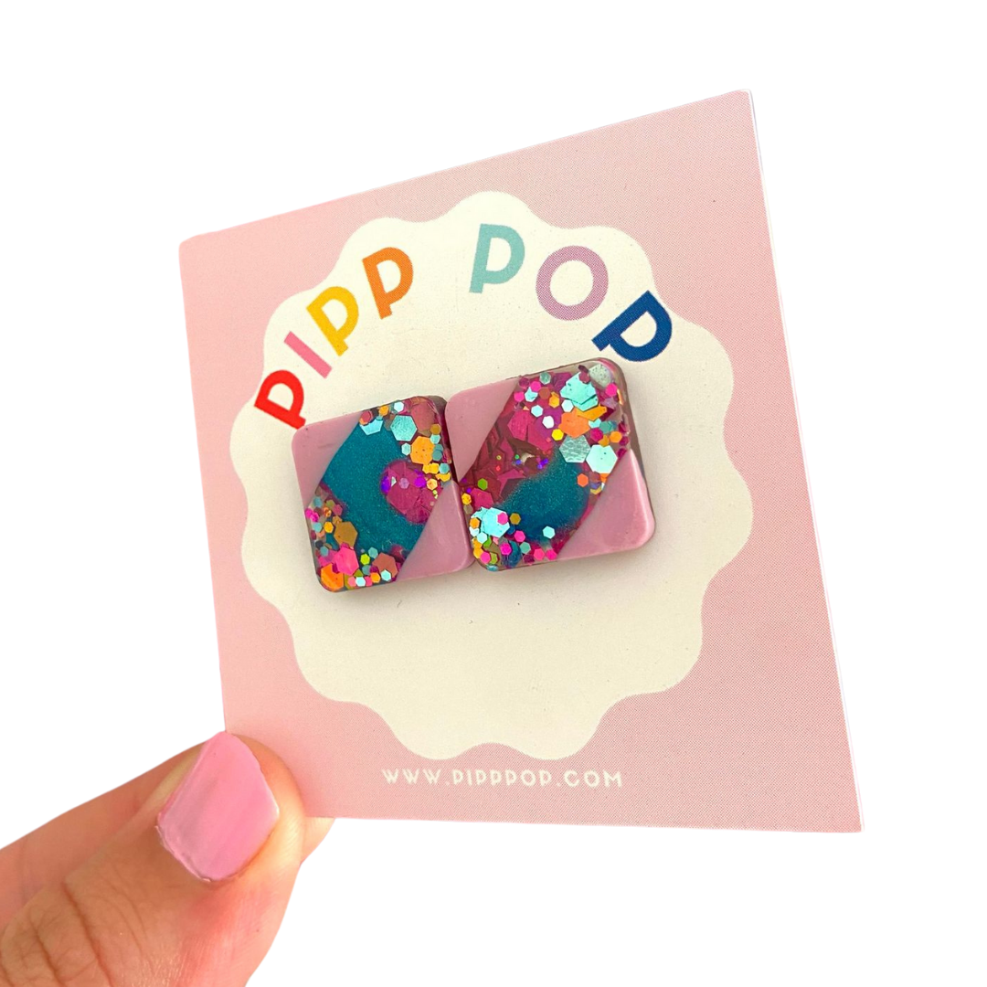 Glitter Square Studs - Lilac and Blue-Pipp Pop