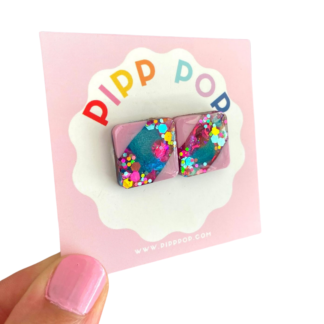 Glitter Square Studs - Lilac and Blue-Pipp Pop