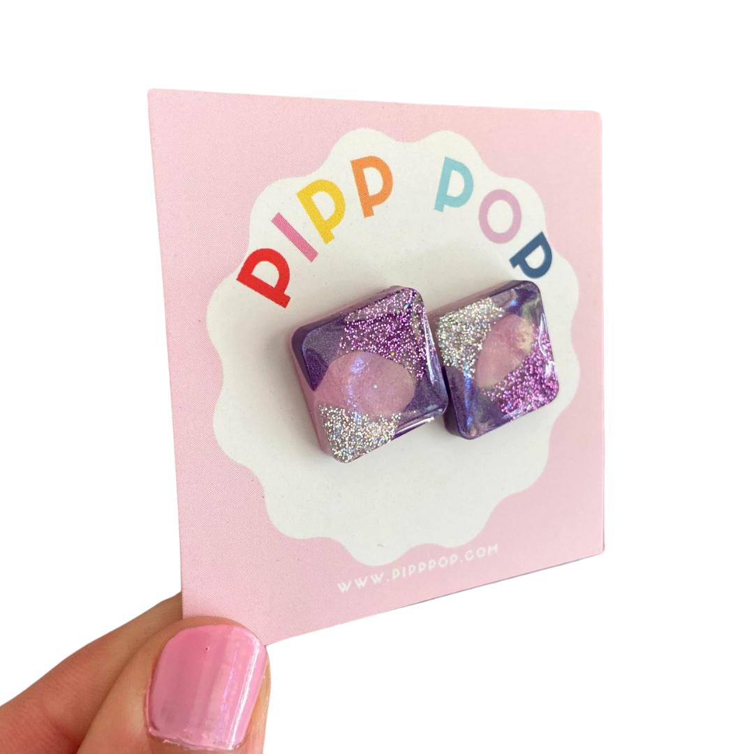 Glitter Square Studs - Purples-Pipp Pop