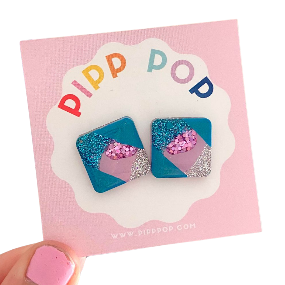 Glitter Square Studs - Blue and Purple-Pipp Pop