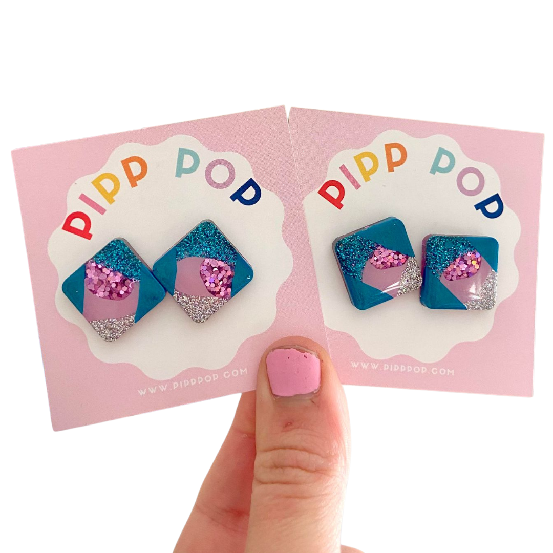 Glitter Square Studs - Blue and Purple-Pipp Pop