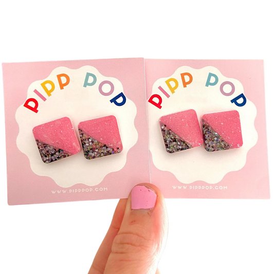 Glitter Square Studs - Pink and Black-Pipp Pop