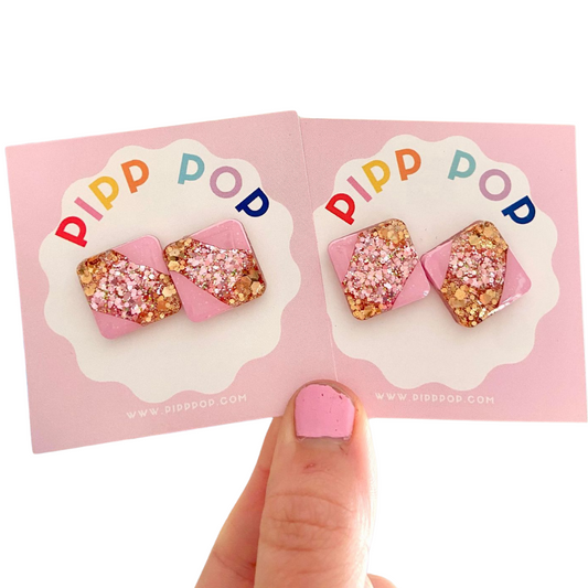 Glitter Square Studs - Pink and Caramel-Pipp Pop