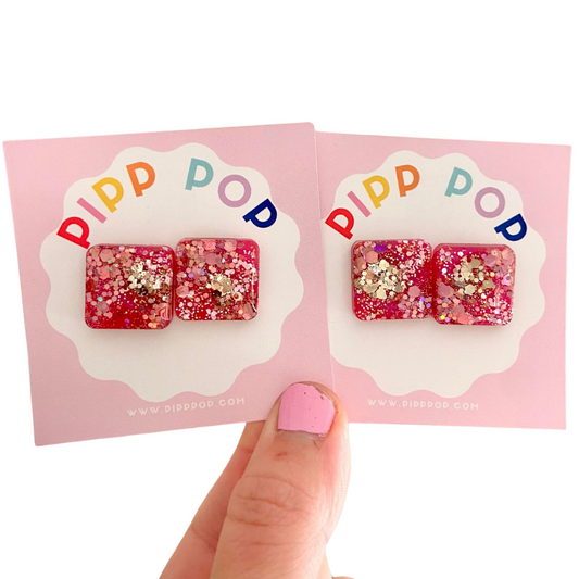 Glitter Square Studs - Pink and Gold-Pipp Pop