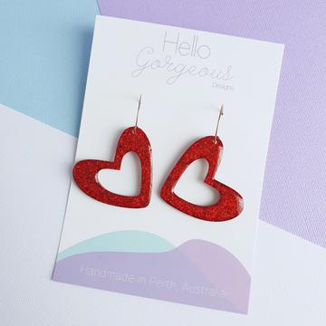 Hello Gorgeous - L'amour Organic Heart Statement Hoop Dangles - Red-Pipp Pop